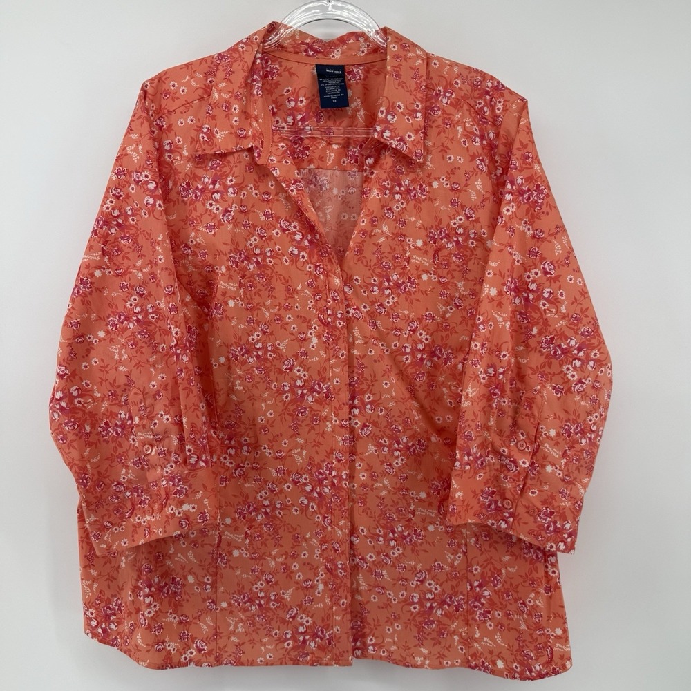Basic Editions Short Sleeve Button Up Coral Floral Womans 3X Bloomcore Vacation